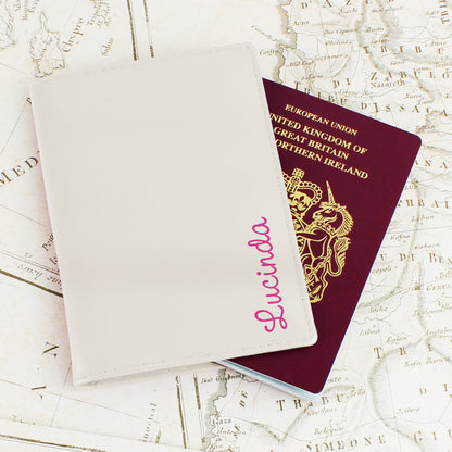 Personalised Pink Name Cream Leather Passport Holder