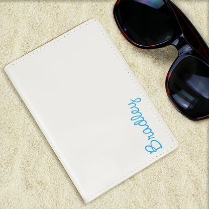 Personalised Blue Name Cream Leather Passport Holder