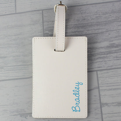 Personalised Blue Name Cream Leather Luggage Tag