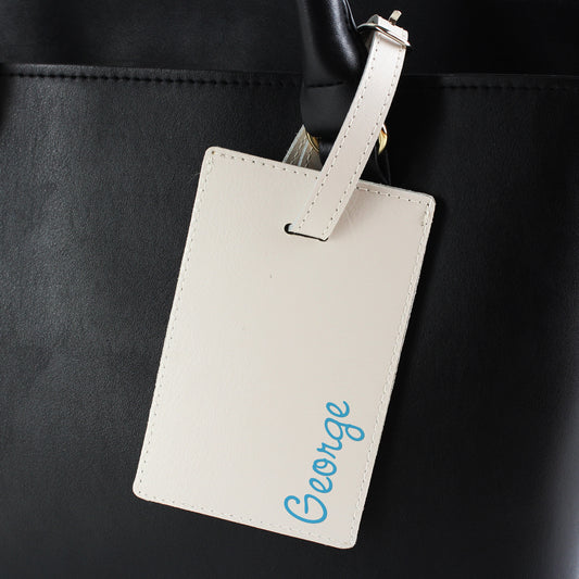 Personalised Blue Name Cream Leather Luggage Tag