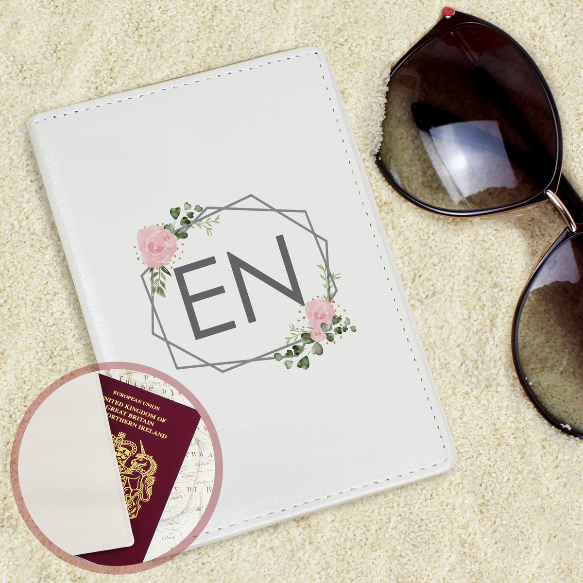 Personalised Floral Cream Leather Passport Holder