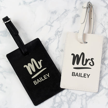 Personalised Mr & Mrs Black & Cream Leather Luggage Tag Set