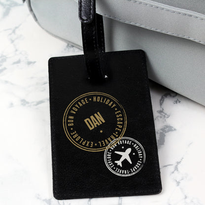 Personalised Stamped Black Leather Luggage Tag