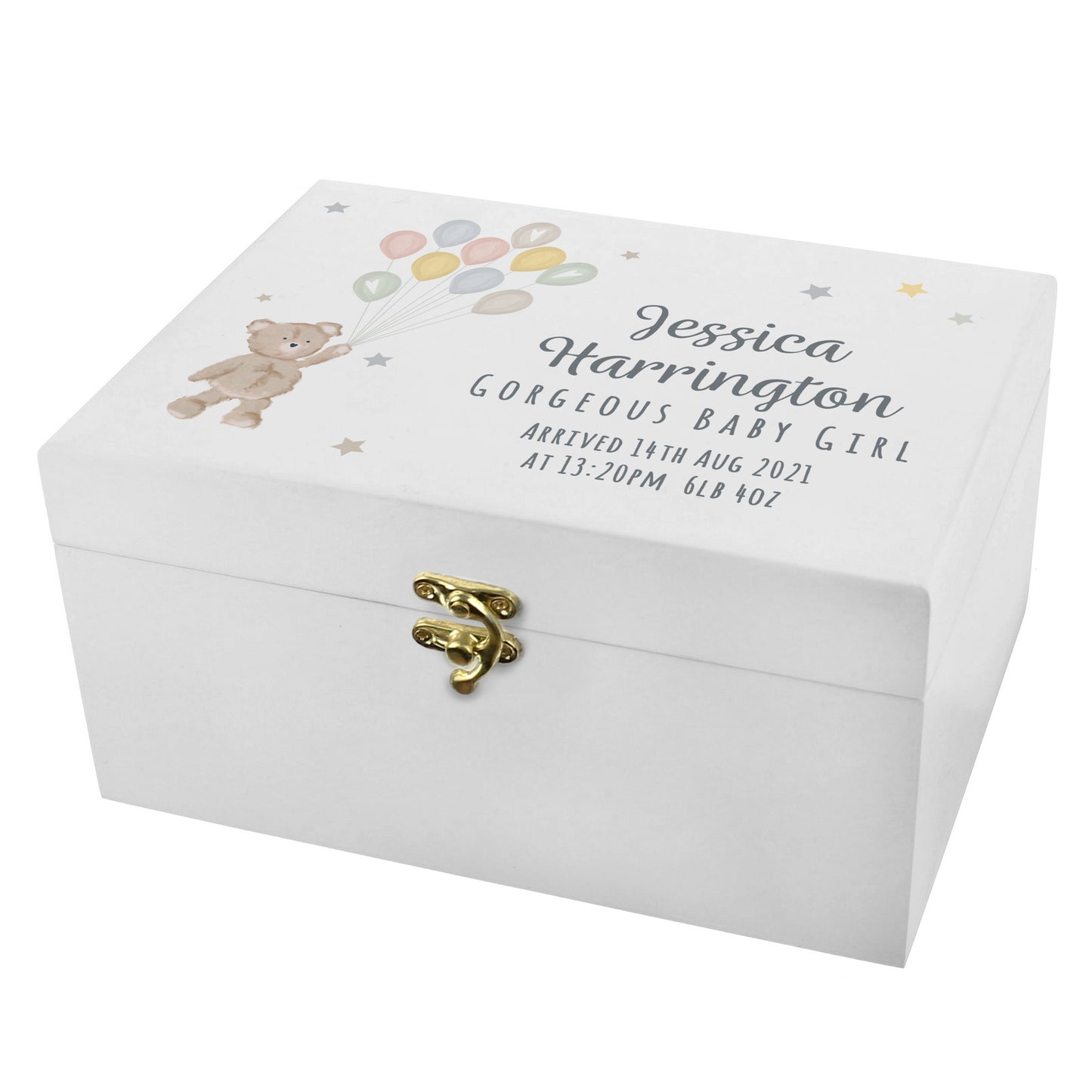 Personalised Teddy & Balloons White Wooden Keepsake Box