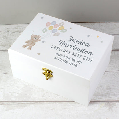 Personalised Teddy & Balloons White Wooden Keepsake Box