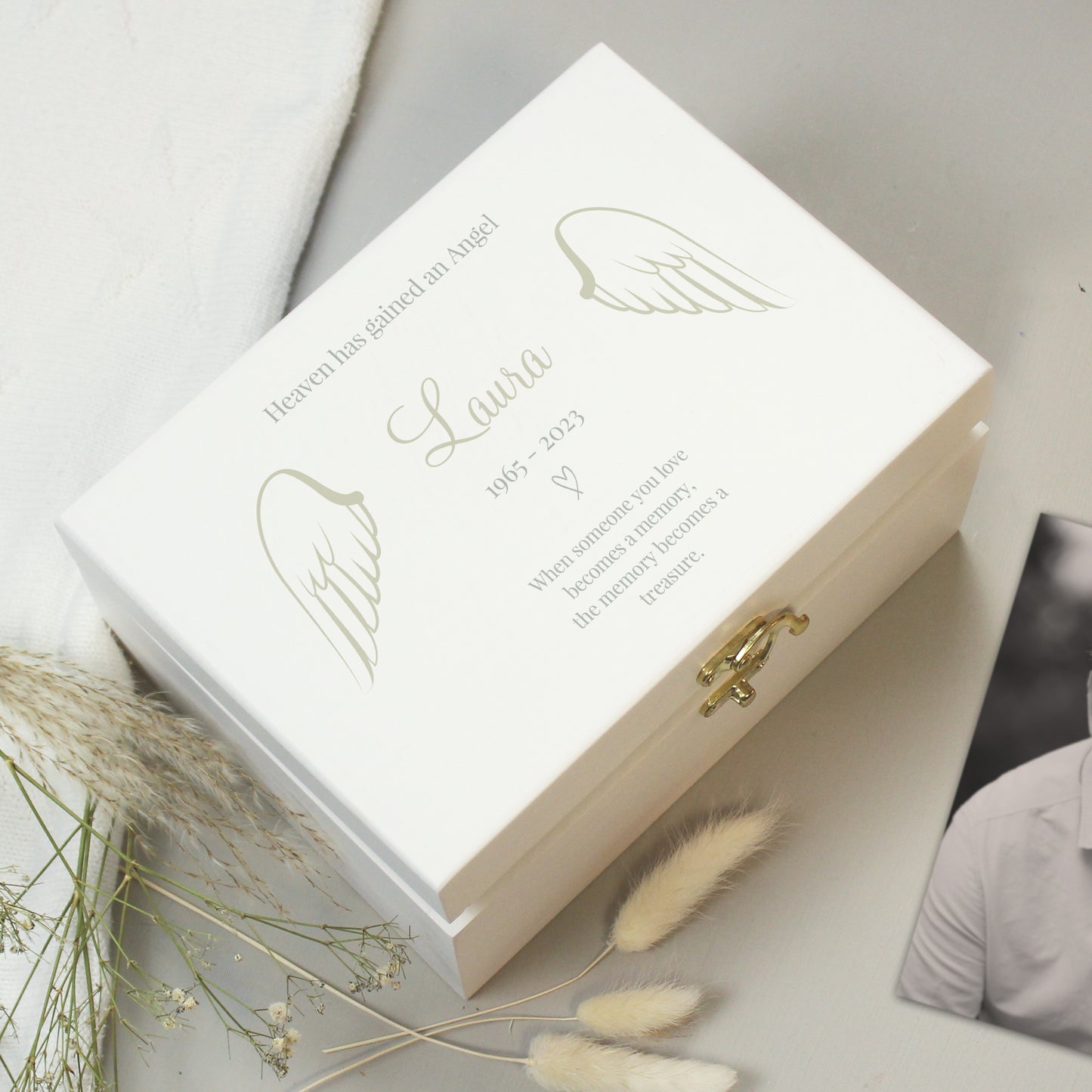 Personalised Angel Wings Memorial White Wooden Box